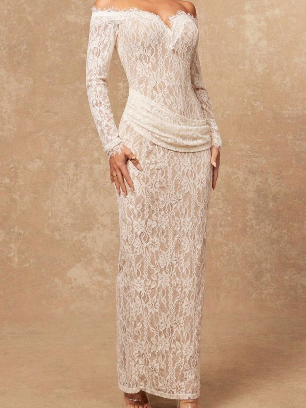 White Elegant Off-Shoulder Lace Ruched Slim Fit Women's Maxi Dress - Picture 5 of 7
